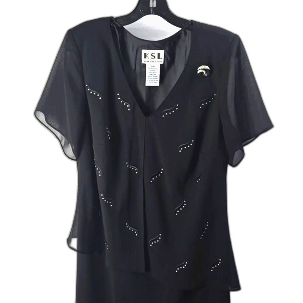 KSL Karin Stevens Vintage Black Dress Rhinestones Details Sz 16W Dynasty‎ 80's